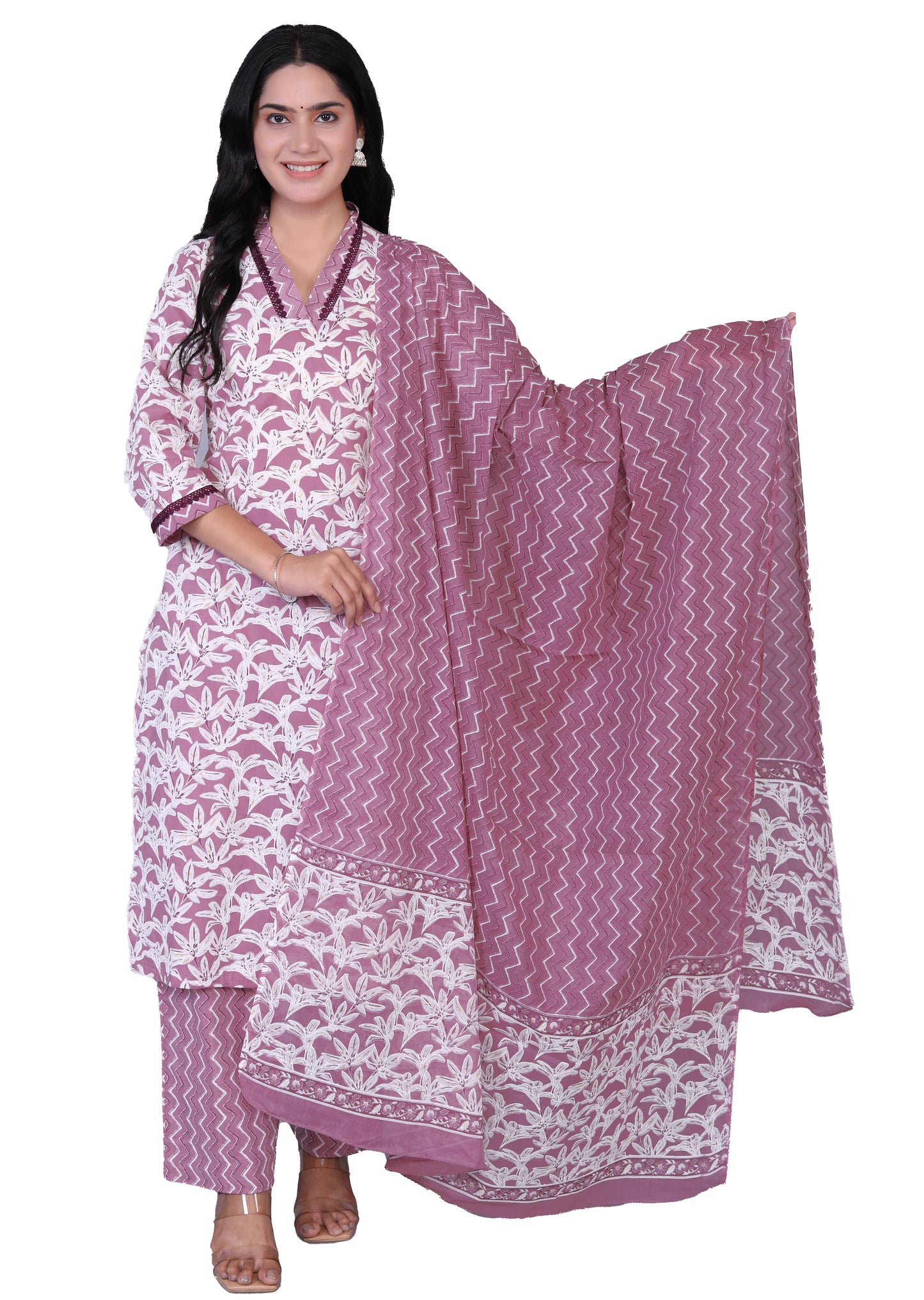 Pure Cotton Printed Designer Women Straight Kurta Pant set With Dupatta Pink