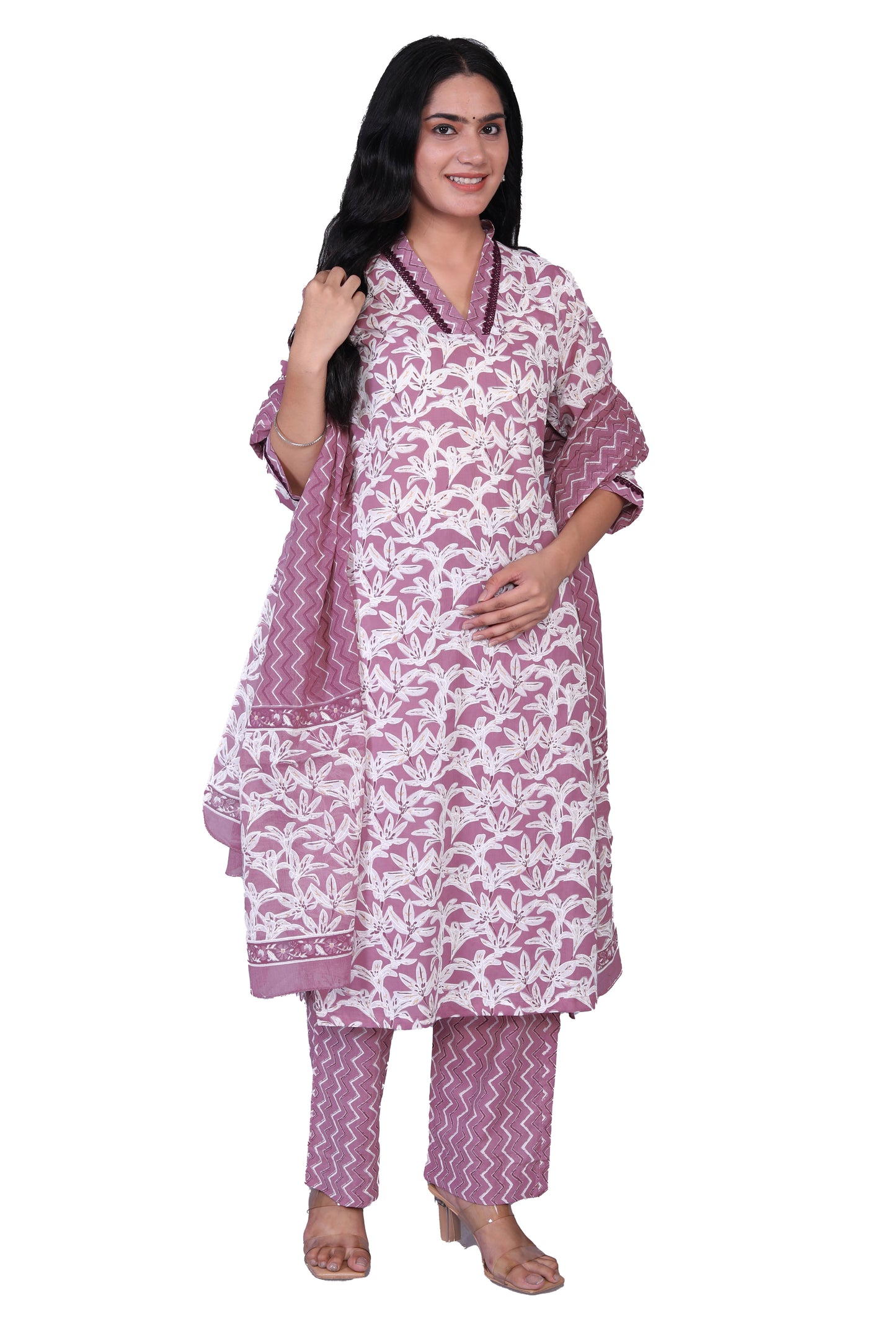 Pure Cotton Printed Designer Women Straight Kurta Pant set With Dupatta Pink