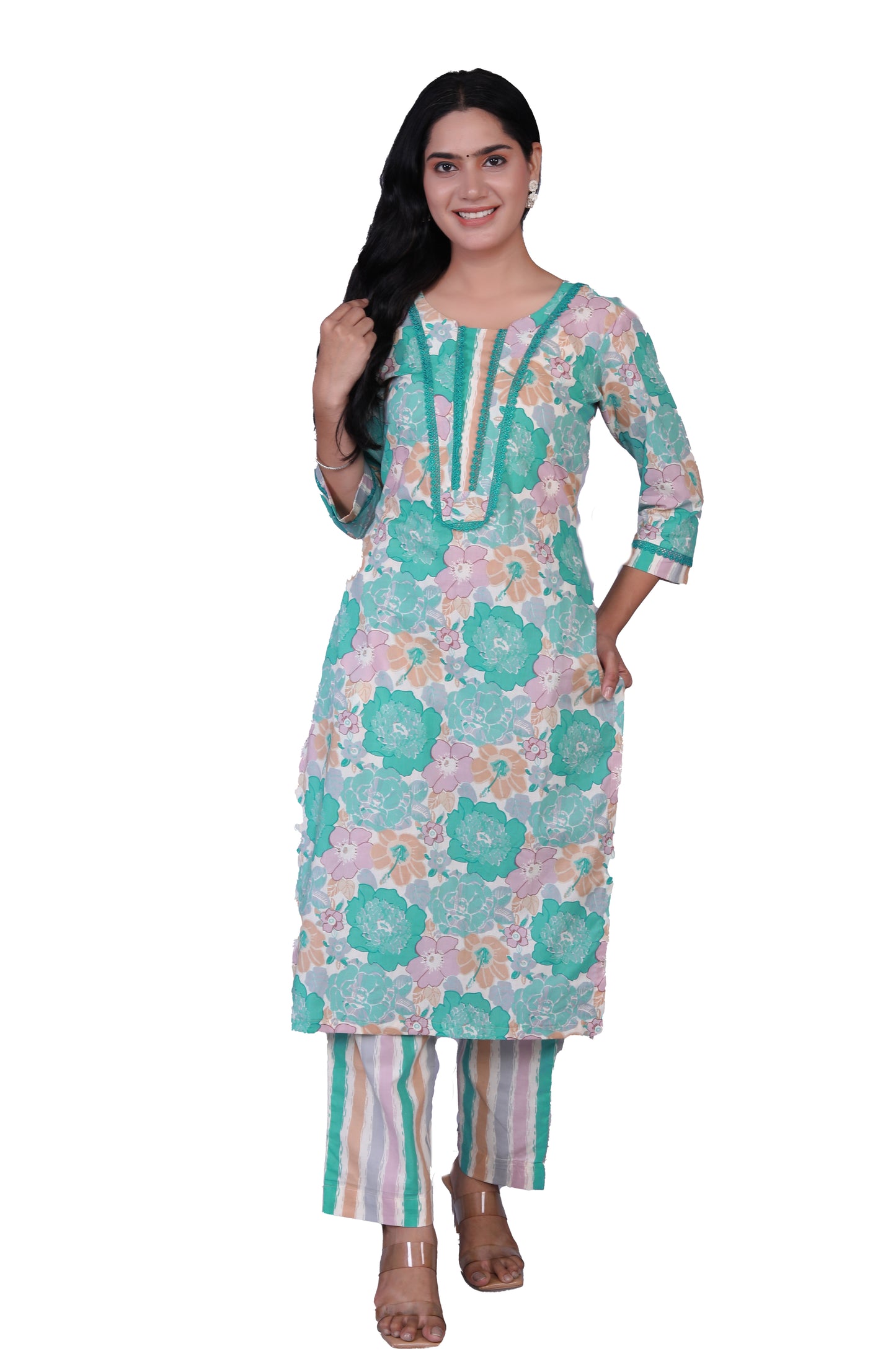 Pure Cotton Printed Designer Women Kurta Pant set With Dupatta Sky Green