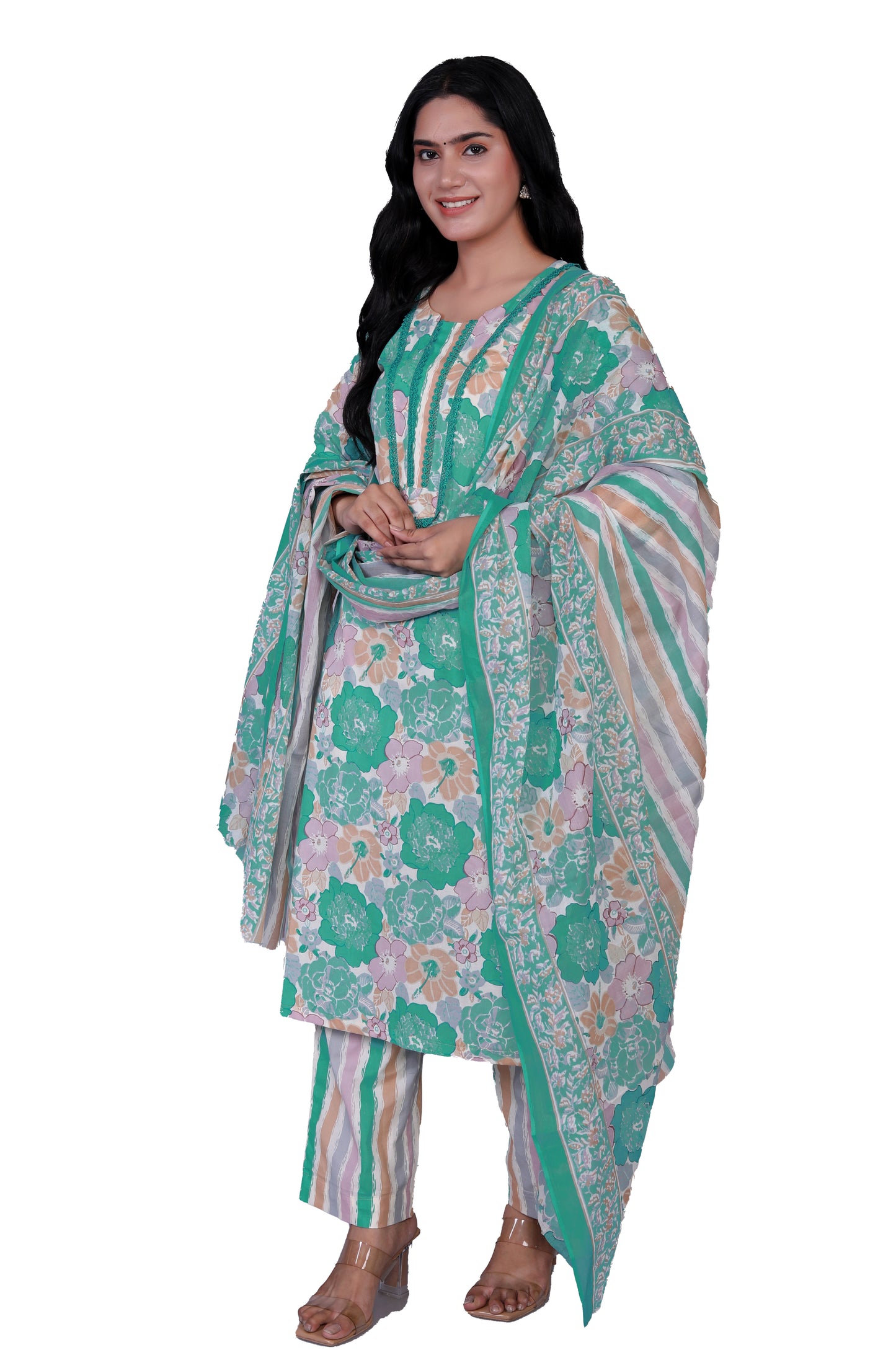 Pure Cotton Printed Designer Women Kurta Pant set With Dupatta Sky Green