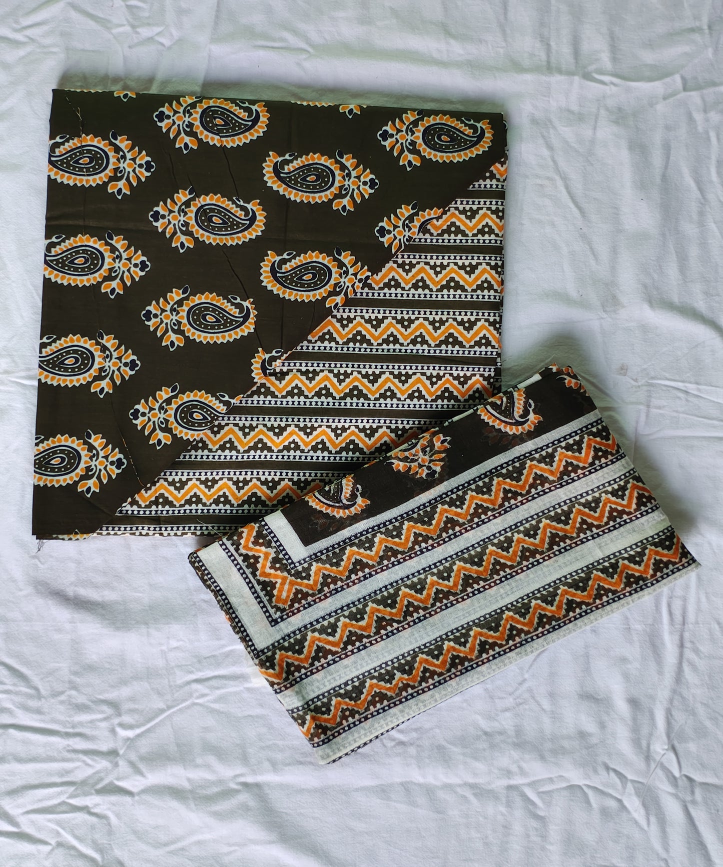 Hand Block Printed Designer Women Cotton Unstitched Material Top-Bottom with Dupatta