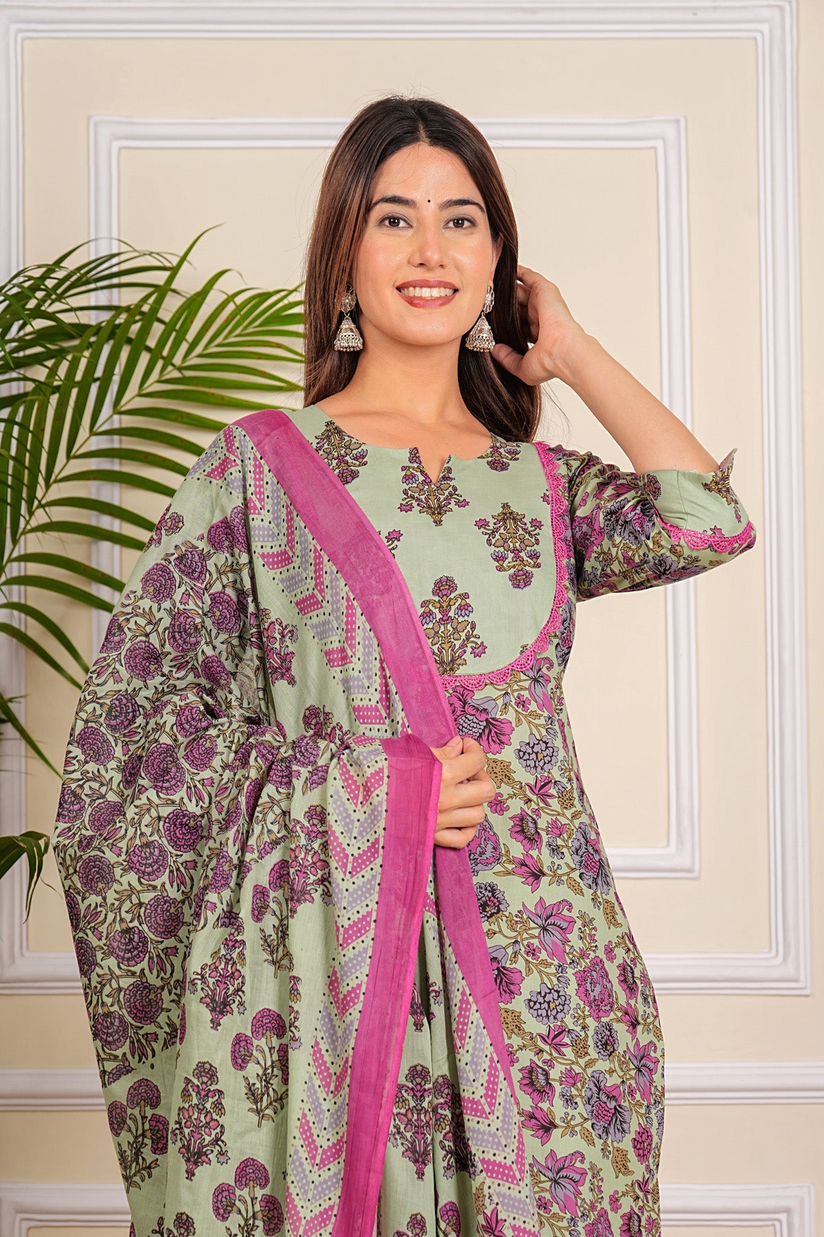 Pure Cotton Printed Designer Women Kurta Pant set With Dupatta Light Green