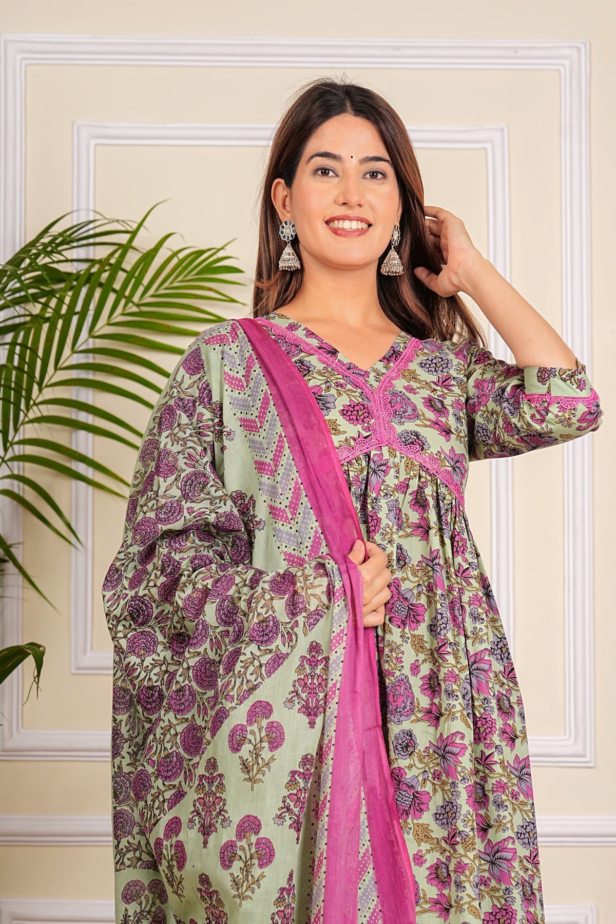 Pure Cotton Printed Designer Women Kurta Pant set With Dupatta Green