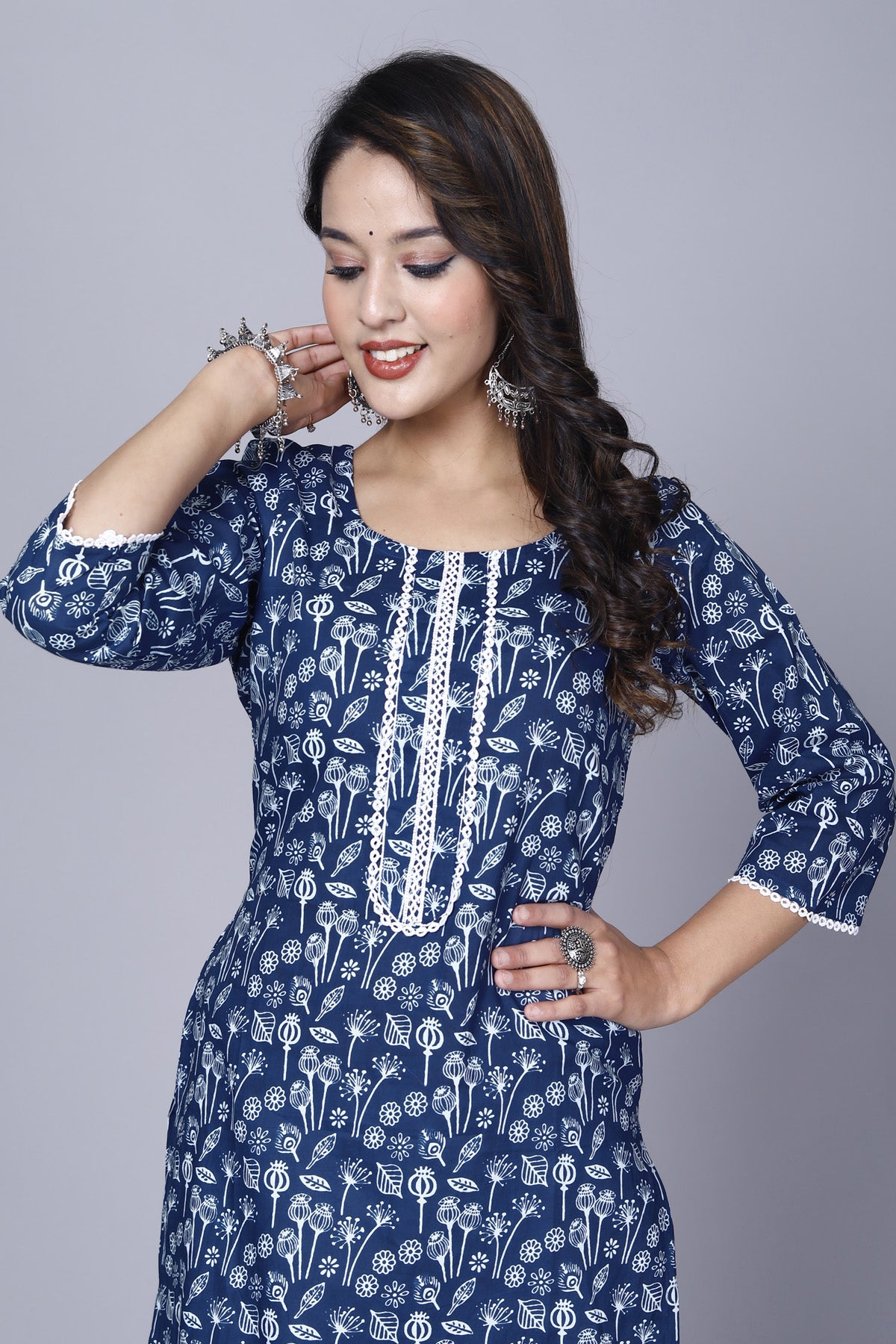 Pure Cotton Printed Designer Women Kurta-Pant Set Blue