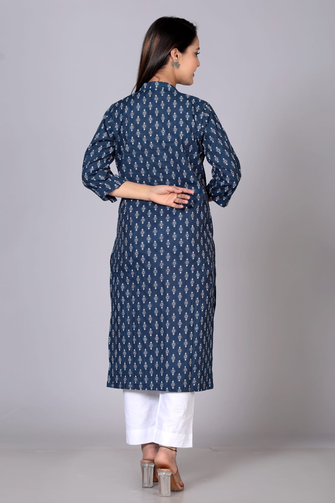 Pure Cotton Printed Designer Women Kurta-Pant Set Long Navy Blue