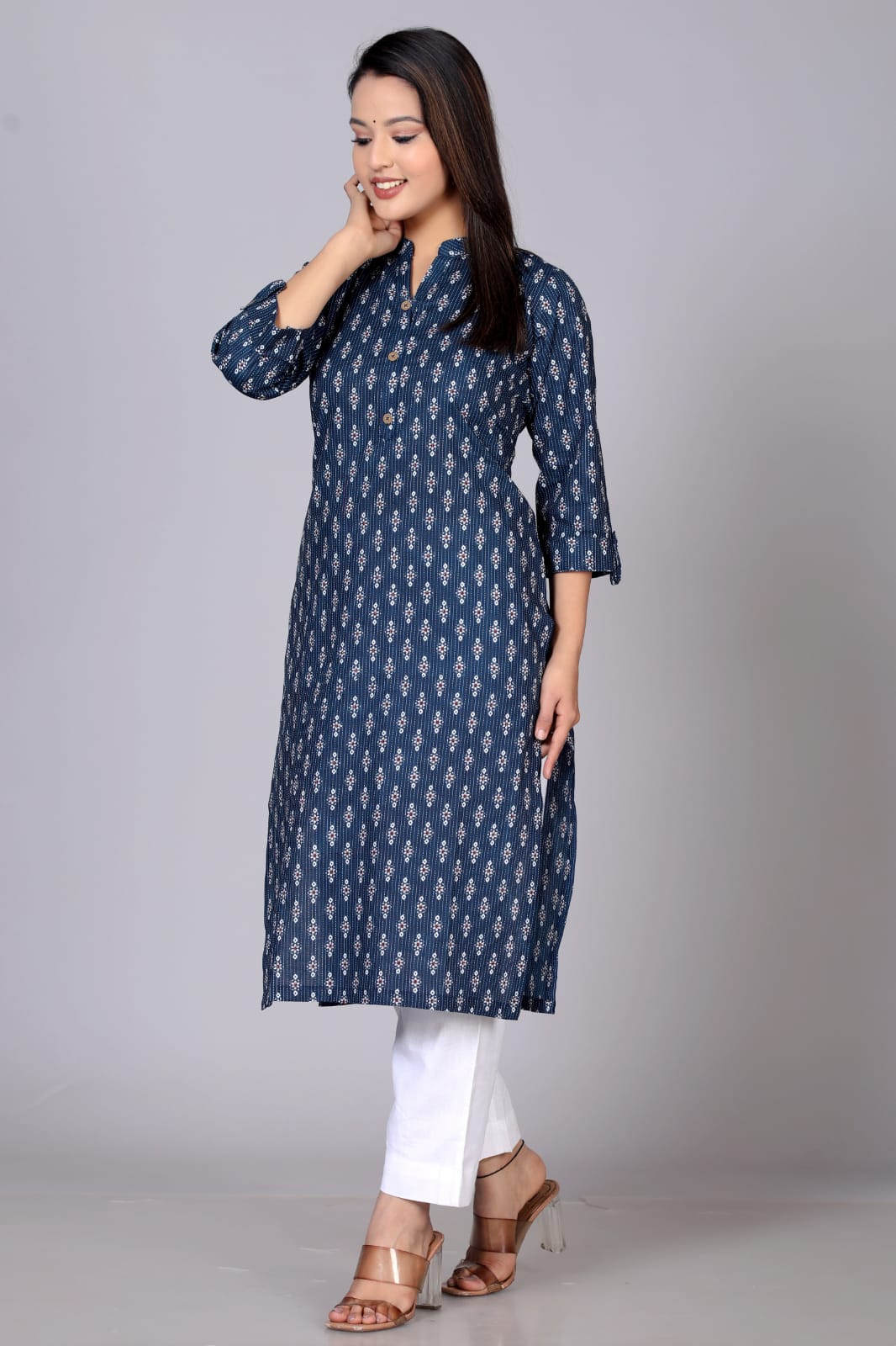 Pure Cotton Printed Designer Women Kurta-Pant Set Long Navy Blue