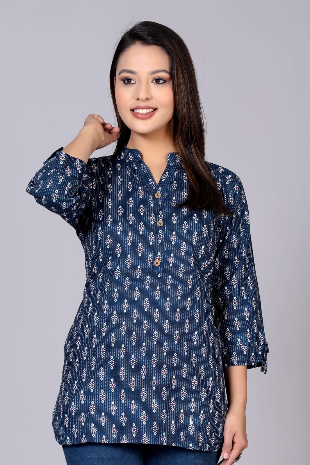 Pure Cotton Printed Designer Women Blue Top