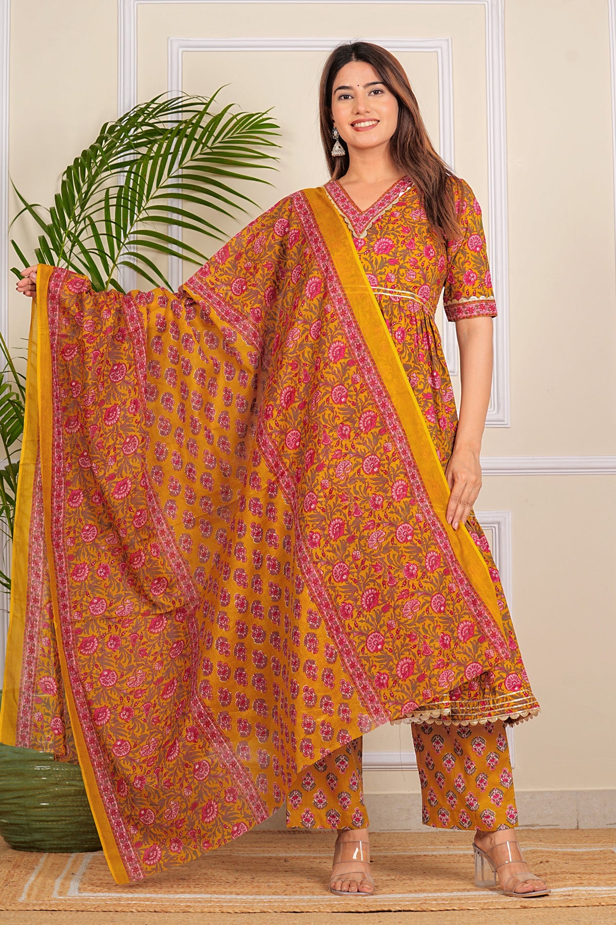Pure Cotton Printed Designer Women Anarkali Kurta set Yellow