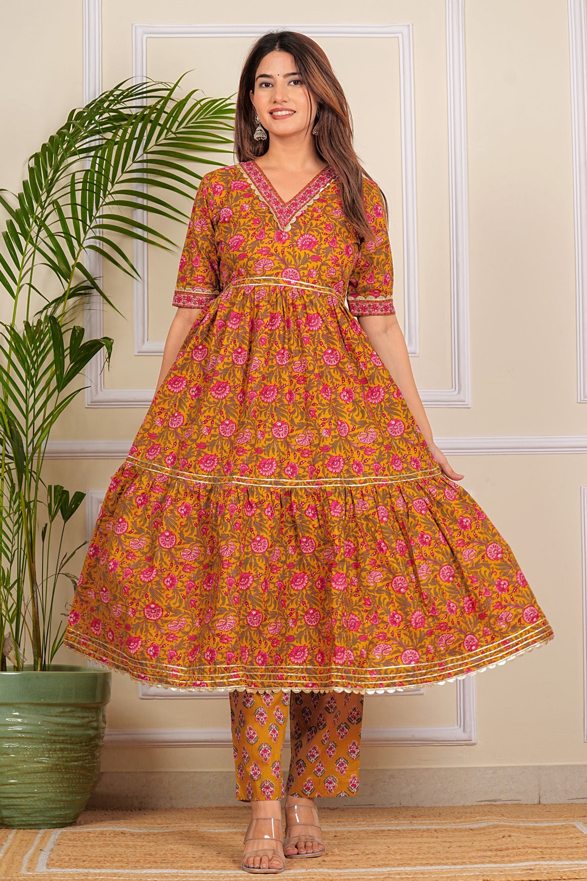 Pure Cotton Printed Designer Women Anarkali Kurta set Yellow