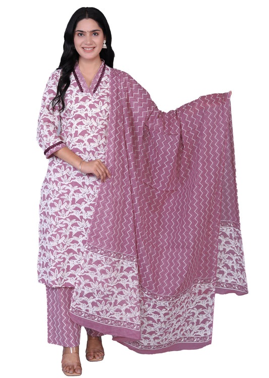 Pure Cotton Printed Designer Women Straight Kurta Pant set With Dupatta Pink