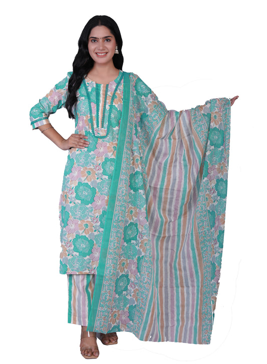 Pure Cotton Printed Designer Women Kurta Pant set With Dupatta Sky Green