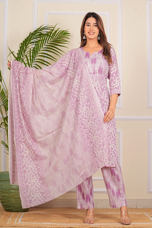 Pure Cotton Printed Designer Women Kurta Pant set With Dupatta Purple