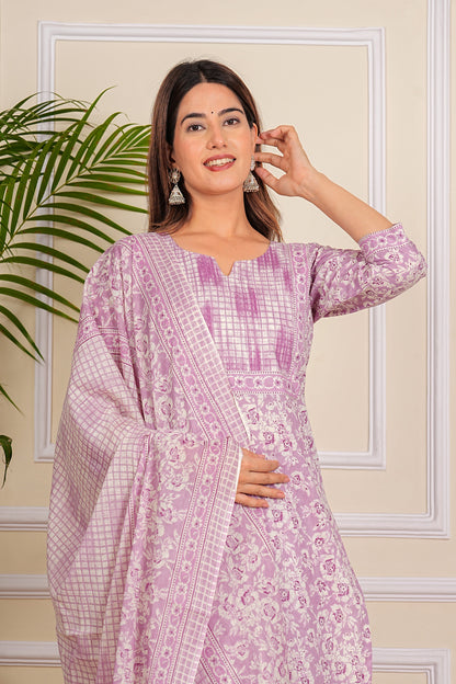 Pure Cotton Printed Designer Women Kurta Pant set With Dupatta Purple