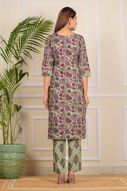 Pure Cotton Printed Designer Women Kurta Pant set With Dupatta Light Green