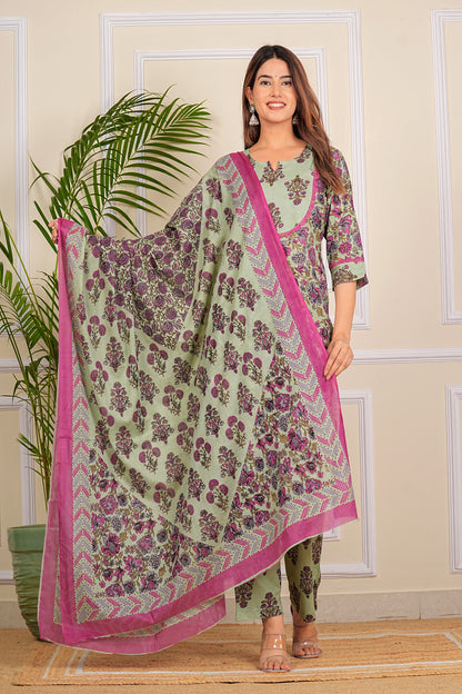 Pure Cotton Printed Designer Women Kurta Pant set With Dupatta Light Green