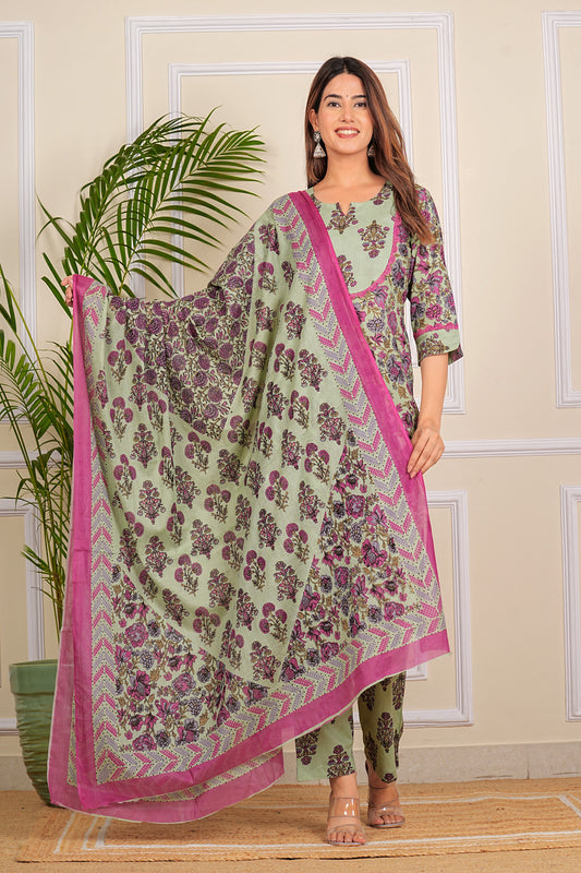 Pure Cotton Printed Designer Women Kurta Pant set With Dupatta Light Green
