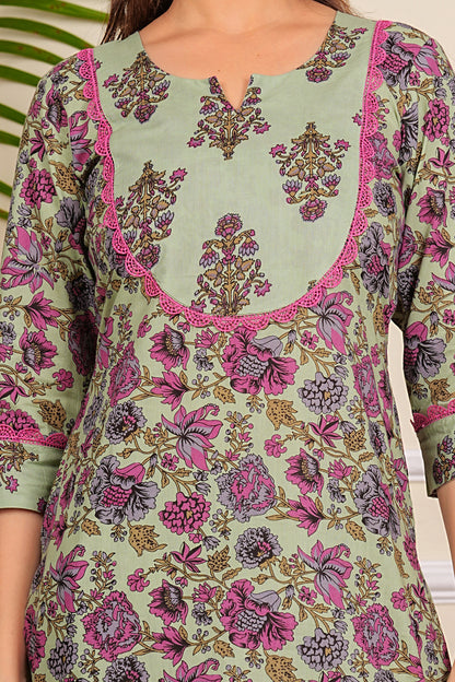 Pure Cotton Printed Designer Women Kurta Pant set With Dupatta Light Green