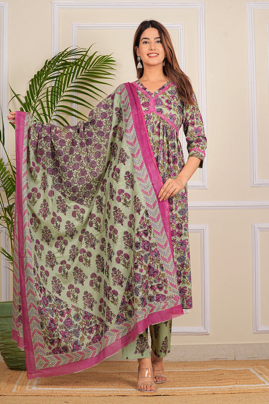 Pure Cotton Printed Designer Women Kurta Pant set With Dupatta Green