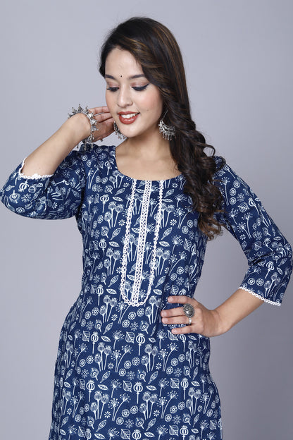 Pure Cotton Printed Designer Women Kurta-Pant Set Blue