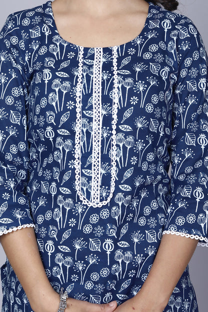 Pure Cotton Printed Designer Women Kurta-Pant Set Blue