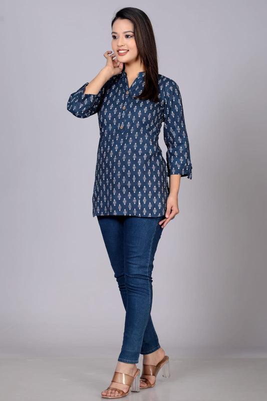 Pure Cotton Printed Designer Women Blue Top