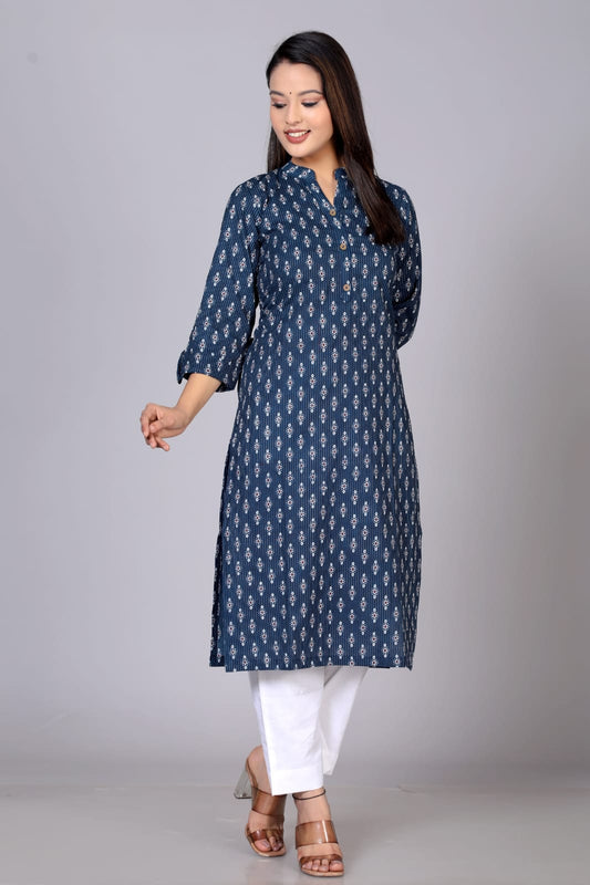 Pure Cotton Printed Designer Women Kurta-Pant Set Long Navy Blue