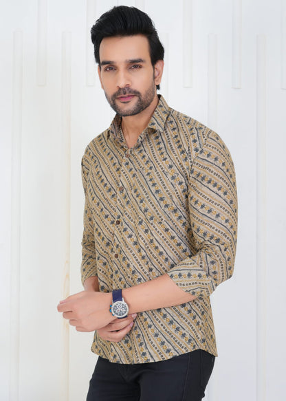 Men's Block Printed JAIPURI PRINTS Brown Cotton Shirt IN UNIQUE STYLE