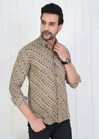 Men's Block Printed JAIPURI PRINTS Brown Cotton Shirt IN UNIQUE STYLE