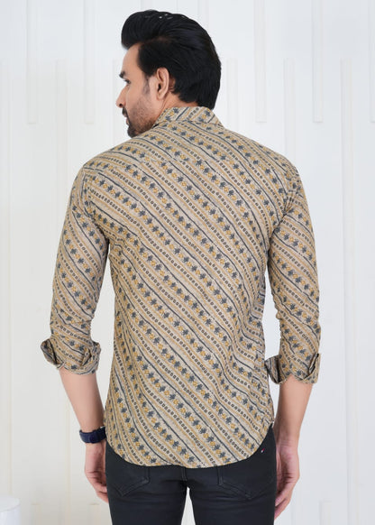 Men's Block Printed JAIPURI PRINTS Brown Cotton Shirt IN UNIQUE STYLE