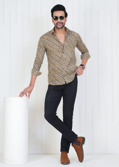 Men's Block Printed JAIPURI PRINTS Brown Cotton Shirt IN UNIQUE STYLE