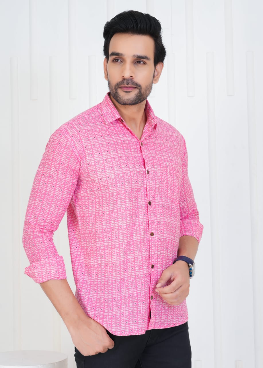 Men's Block Printed JAIPURI PRINTS Pink Cotton Shirt IN UNIQUE STYLE