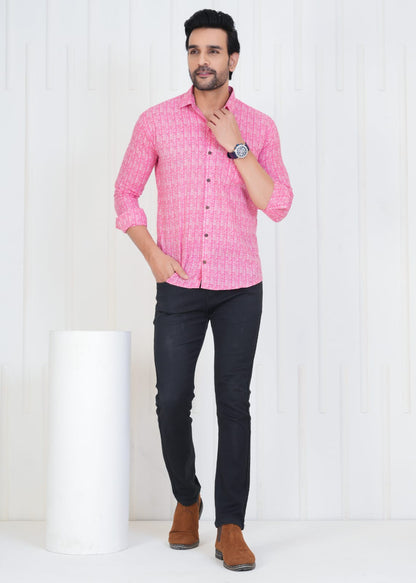 Men's Block Printed JAIPURI PRINTS Pink Cotton Shirt IN UNIQUE STYLE