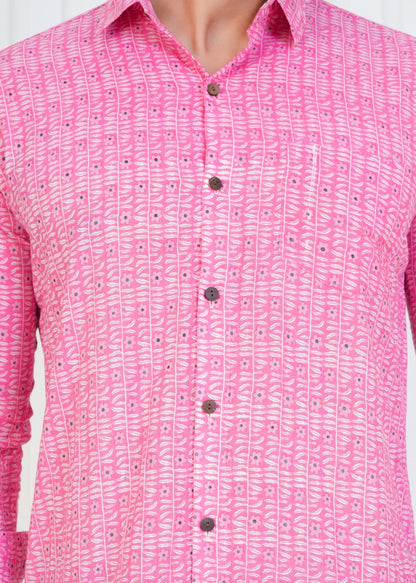 Men's Block Printed JAIPURI PRINTS Pink Cotton Shirt IN UNIQUE STYLE