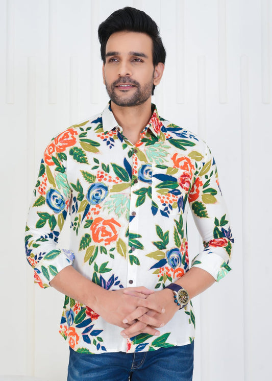 Men's Block Printed Jaipuri Prints White Cotton Shirt in Unique Style