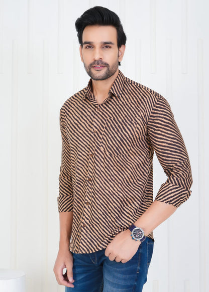 Men's Block Printed Jaipuri Prints Brown Shirt in Unique Style