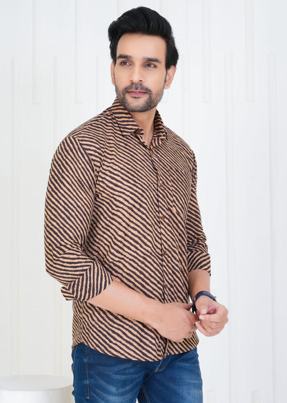 Men's Block Printed Jaipuri Prints Brown Shirt in Unique Style