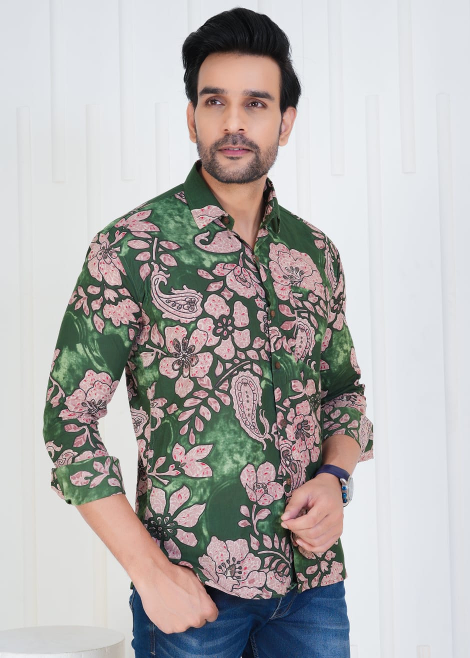 Men's Block Printed Jaipuri Prints Green Shirt in Unique Style