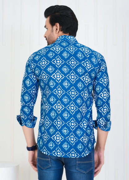 Men's Block Printed Jaipuri Prints Blue Shirt in Unique Style