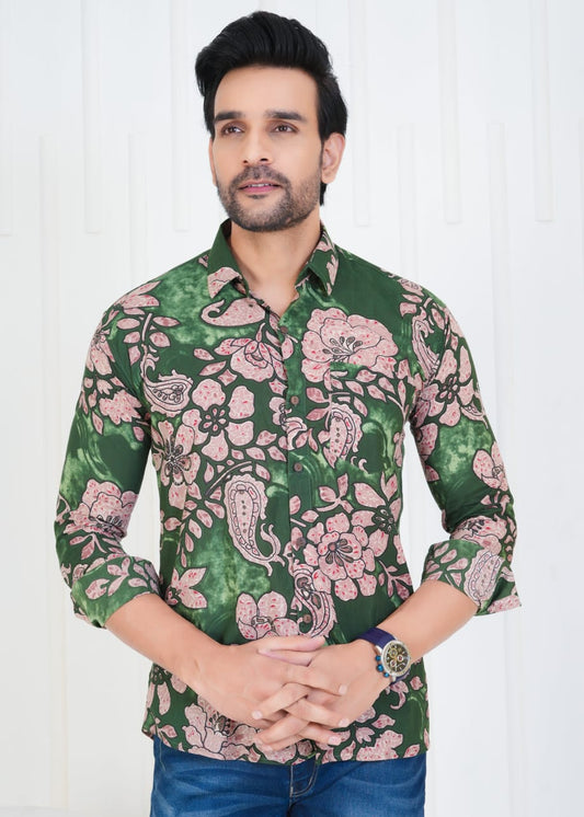 Men's Block Printed Jaipuri Prints Green Shirt in Unique Style