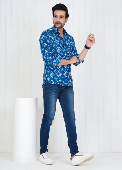 Men's Block Printed Jaipuri Prints Blue Shirt in Unique Style