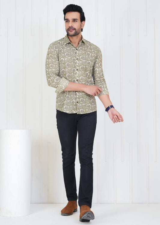 Men's Block Printed Jaipuri Prints Light Green Shirt in Unique Style