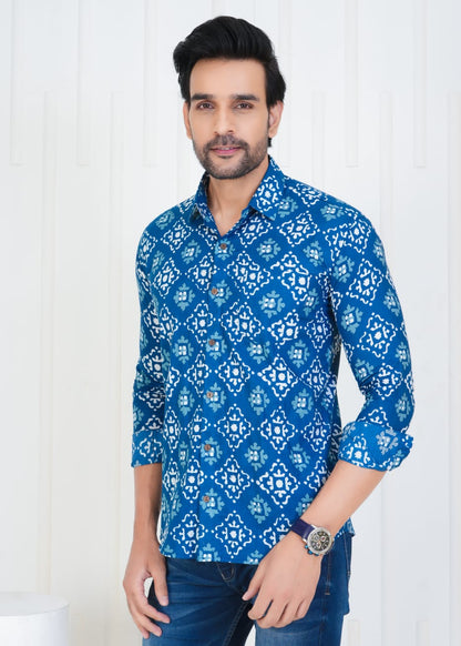 Men's Block Printed Jaipuri Prints Blue Shirt in Unique Style