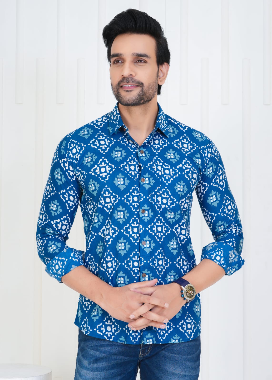 Men's Block Printed Jaipuri Prints Blue Shirt in Unique Style