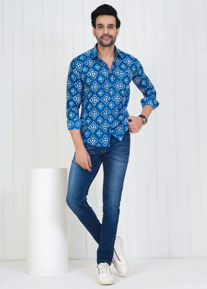 Men's Block Printed Jaipuri Prints Blue Shirt in Unique Style