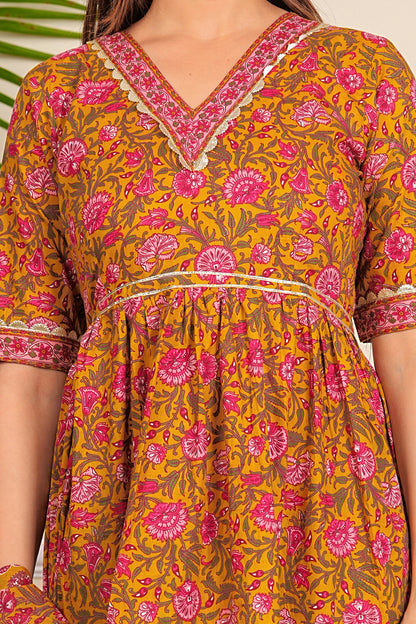 Pure Cotton Printed Designer Women Anarkali Kurta set Yellow