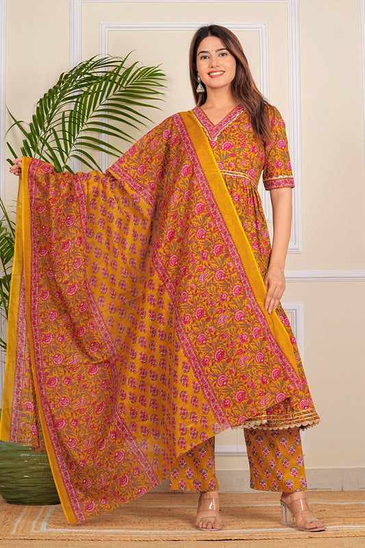 Pure Cotton Printed Designer Women Anarkali Kurta set Yellow